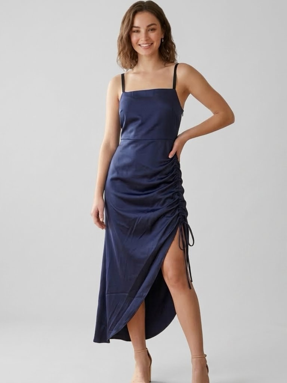 Emory Park Slip Dress Navy Blue Satin Asymmetric Ruched Midi Glam Chic Party M